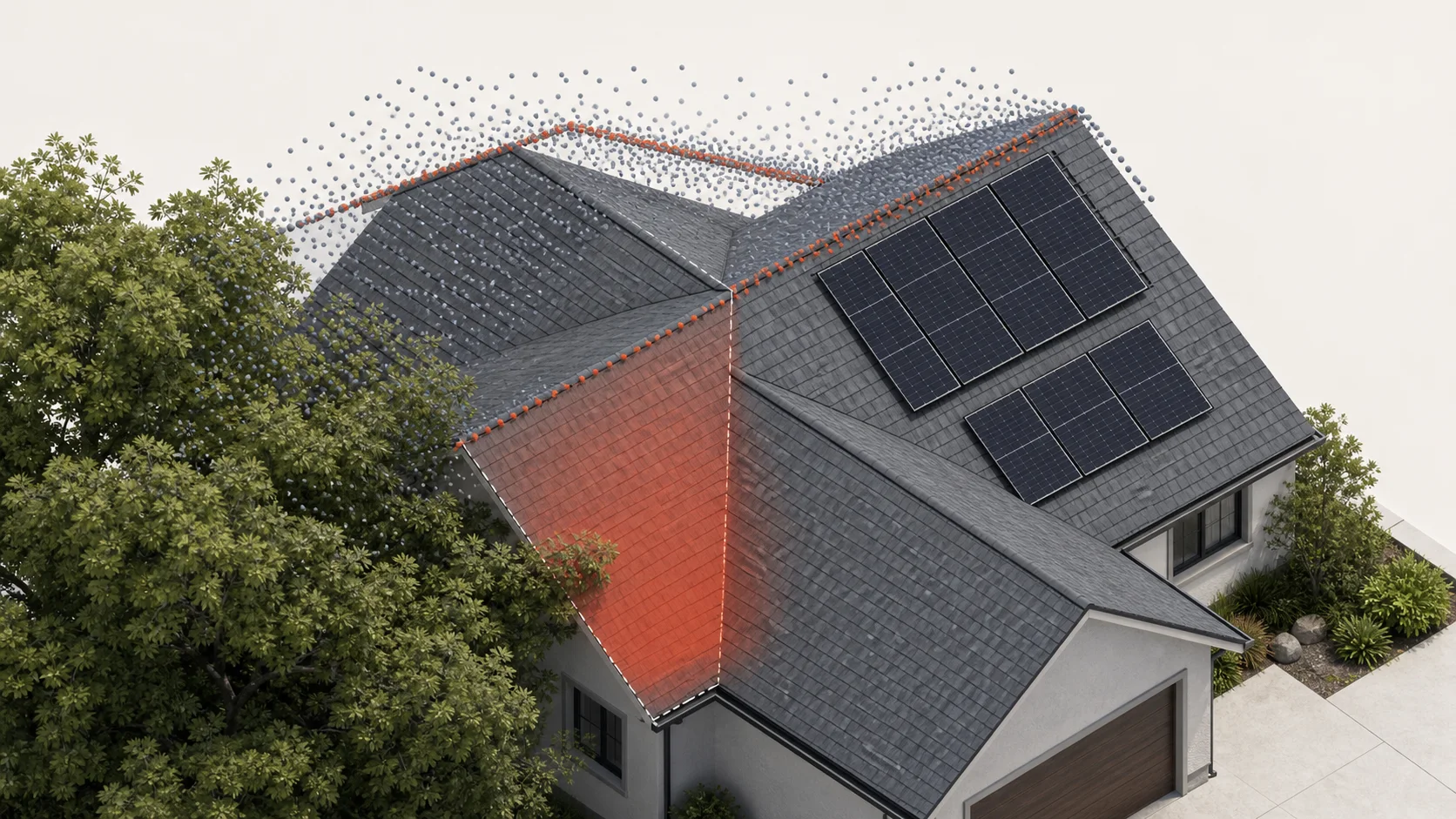 Isometric roof model with tree occlusion, offset LiDAR points, uncertain roof region, and shifted solar panels